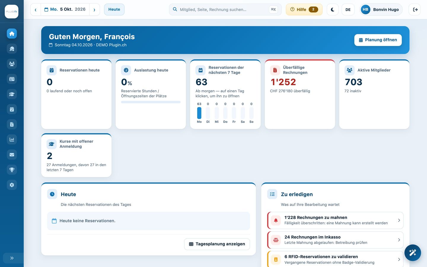 Dashboard der Clubadministration in Plugin.ch