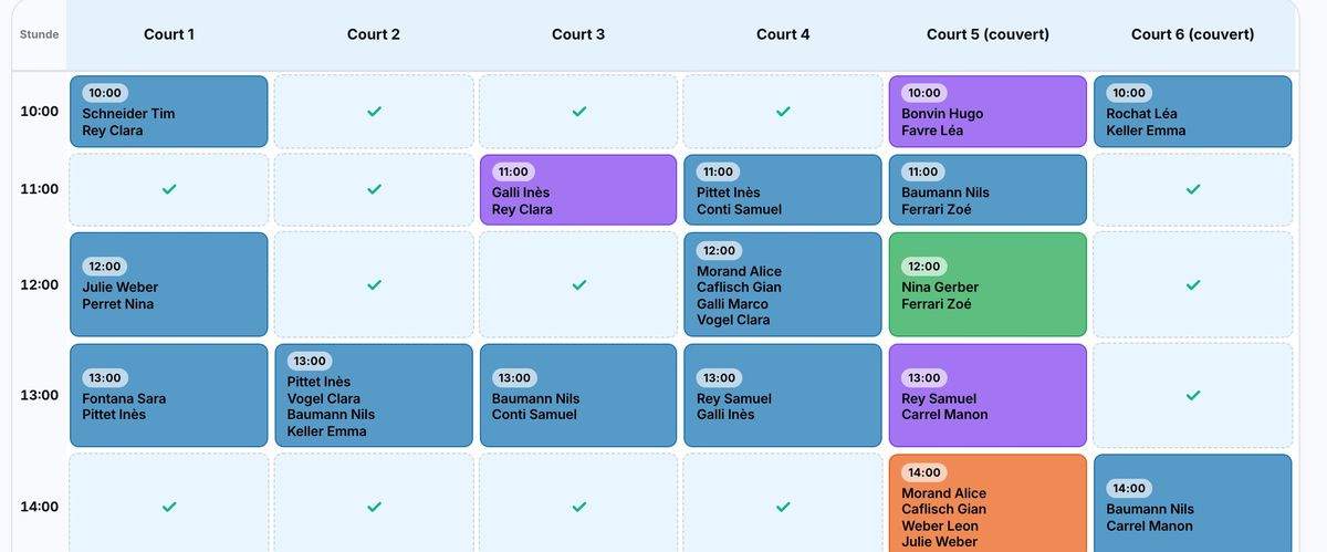 Reservationsplan der Tennisplätze in Plugin.ch