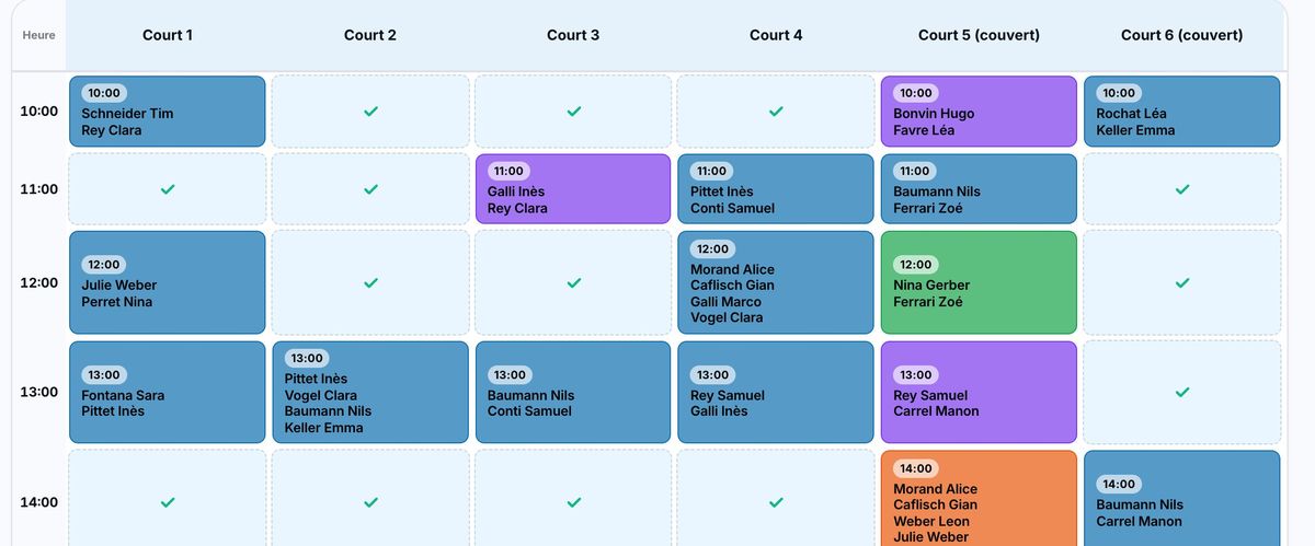 Planning de réservation des courts de tennis dans Plugin.ch
